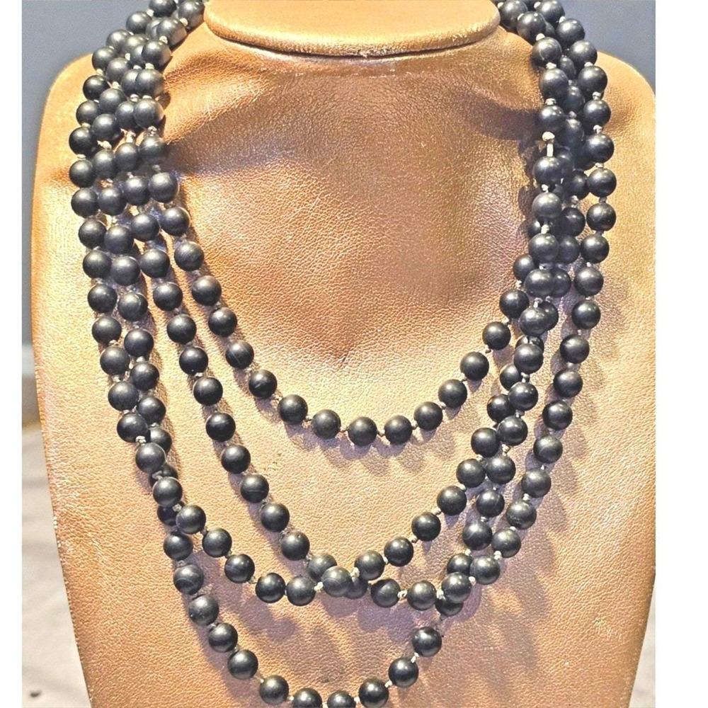 Vintage Hand Knotted Matte Black Bead Long Necklace 60 Inch Continuous Strand